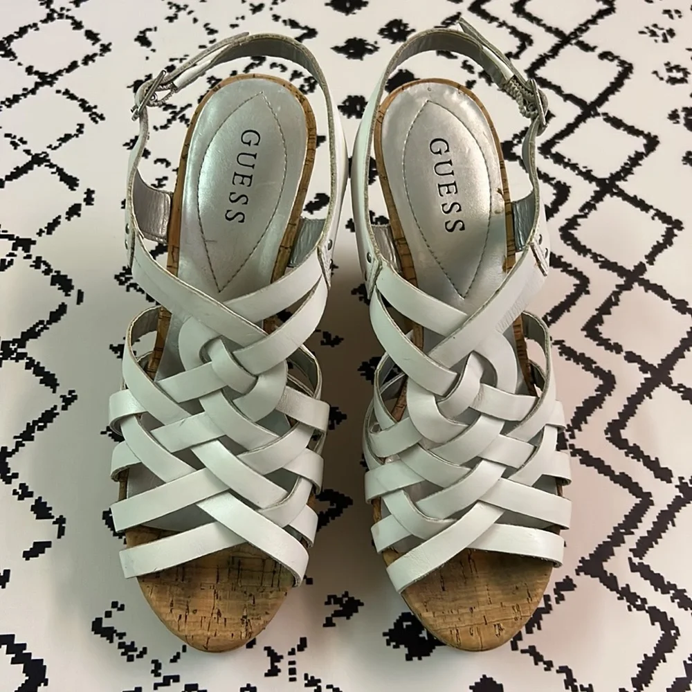 GUESS White Strappy Wedge Sandals, Size 8.5 - GUC